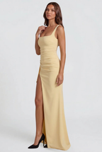 Square Neck Wedding Guest Dress with Ruffle Slit Audrey Calvero