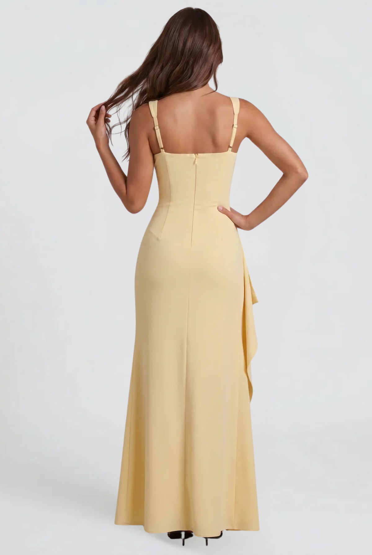 Square Neck Wedding Guest Dress with Ruffle Slit Audrey Calvero