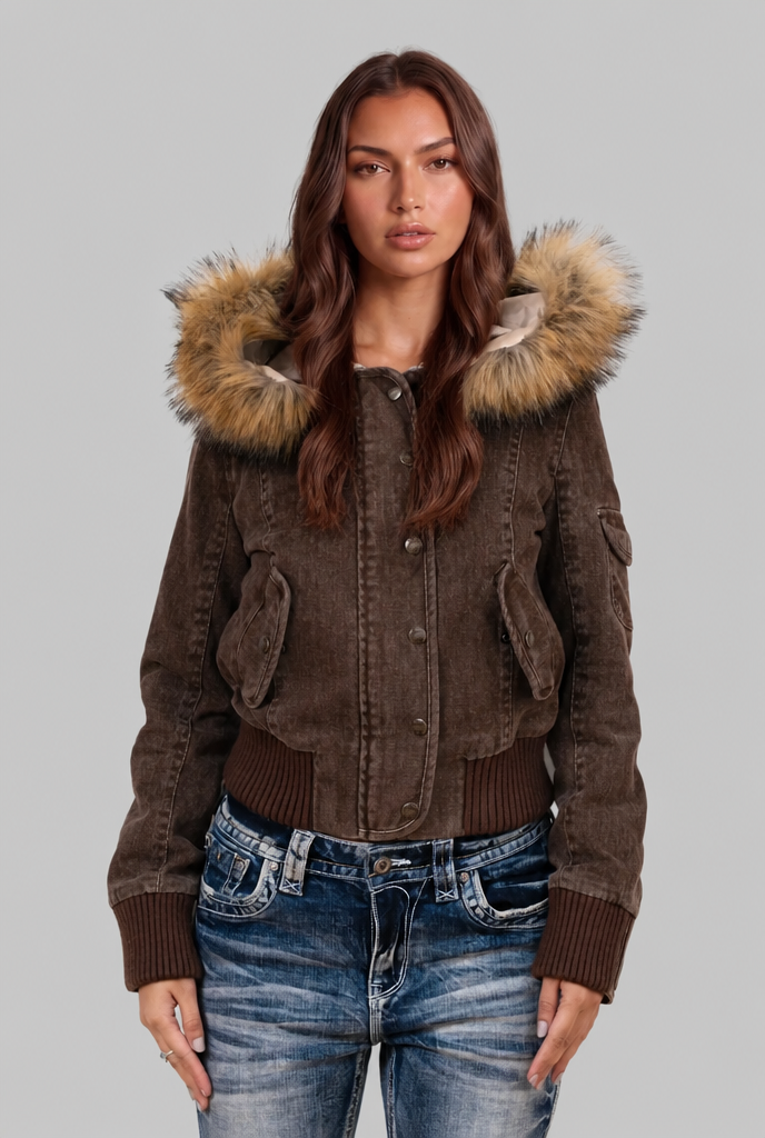 Denim Bomber Jacket with Faux Fur Hood Audrey Calvero