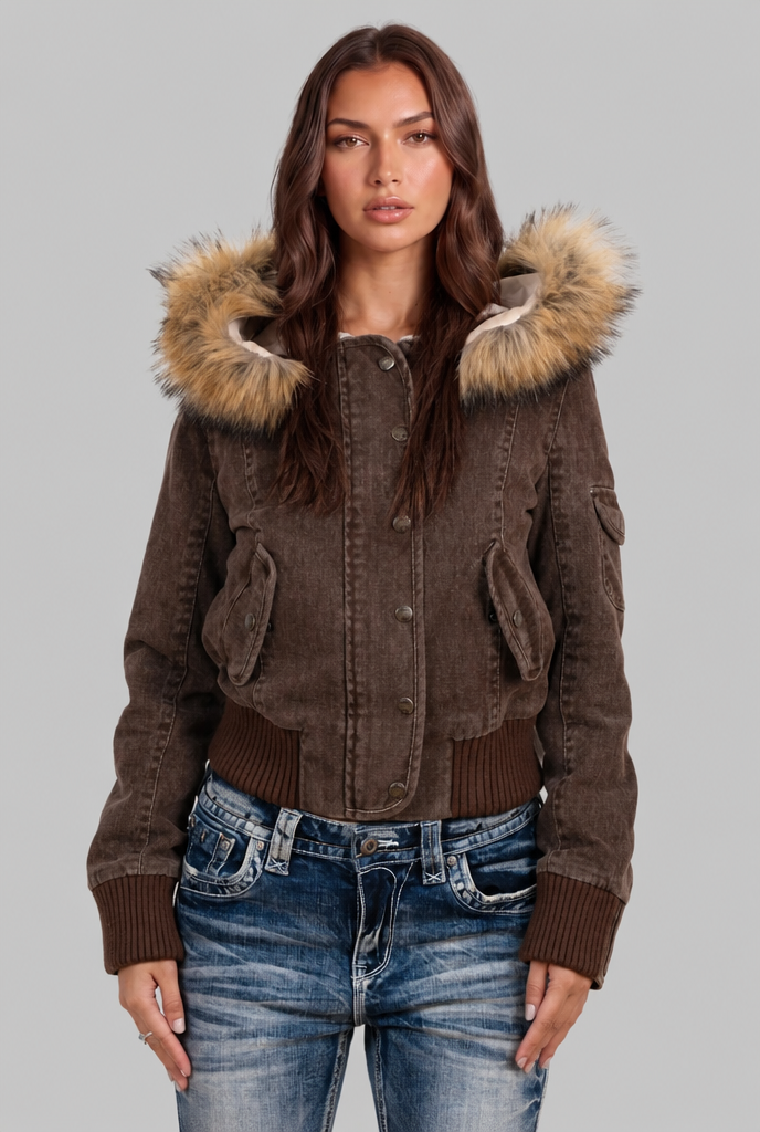 Denim Bomber Jacket with Faux Fur Hood Audrey Calvero