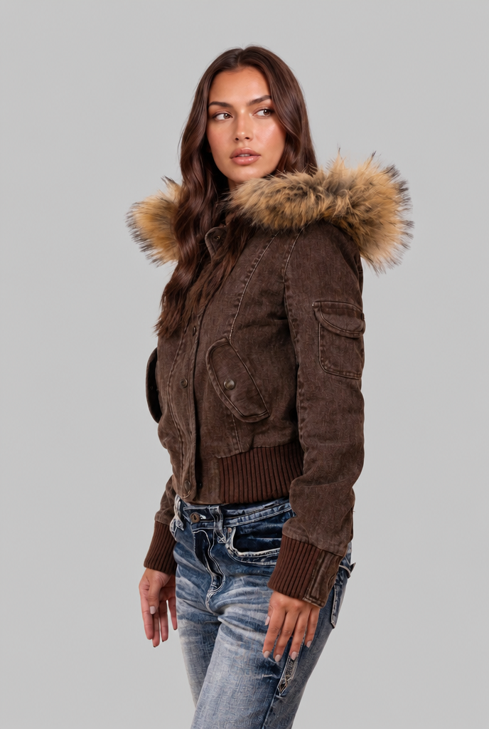 Denim Bomber Jacket with Faux Fur Hood Audrey Calvero