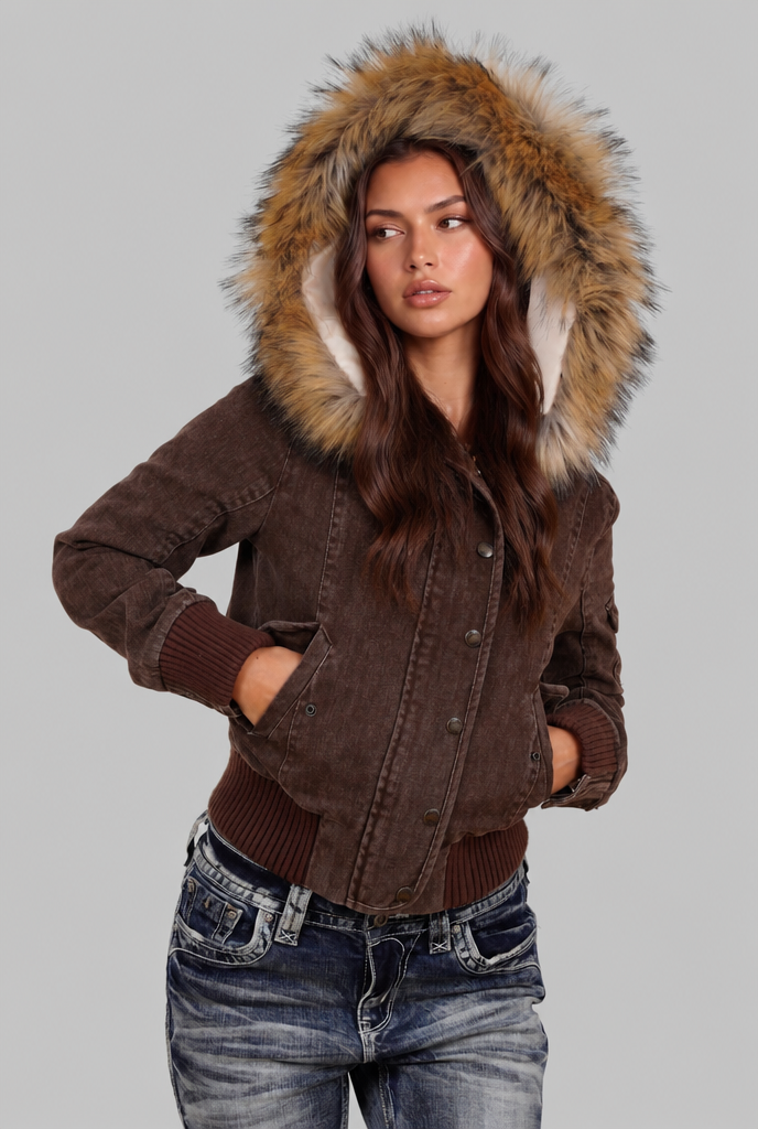 Denim Bomber Jacket with Faux Fur Hood Audrey Calvero