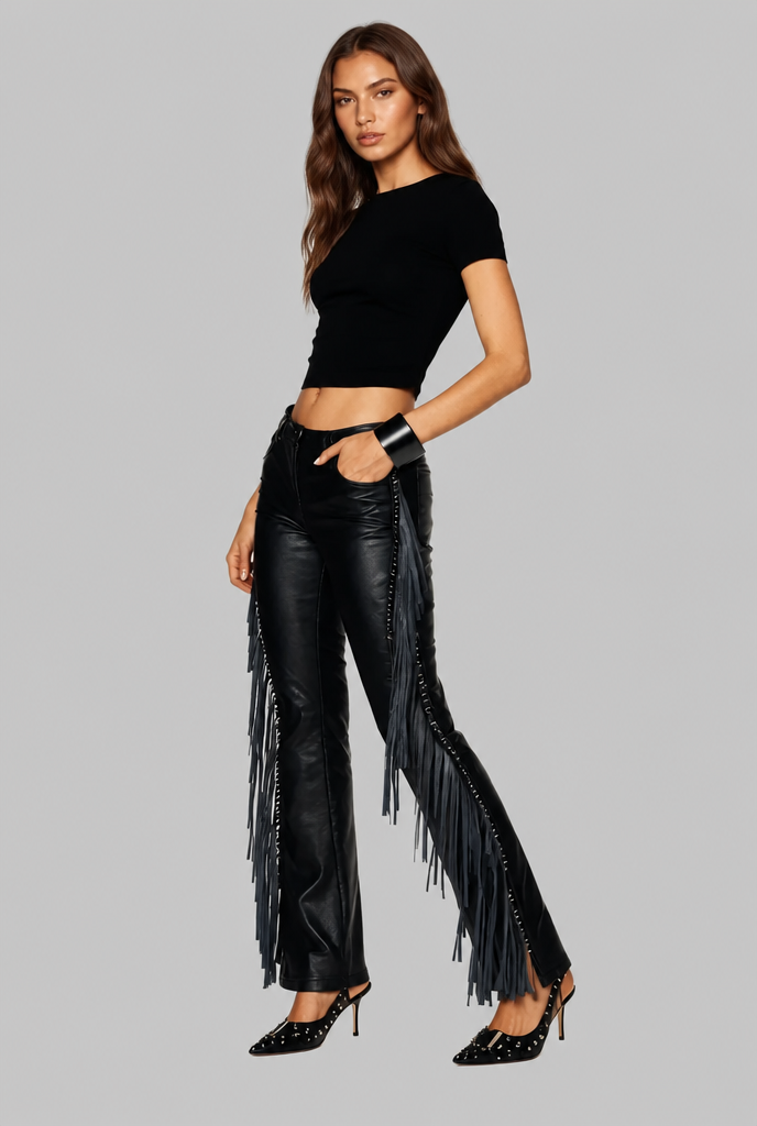 Faux Leather Flare Pants with Fringe Audrey Calvero