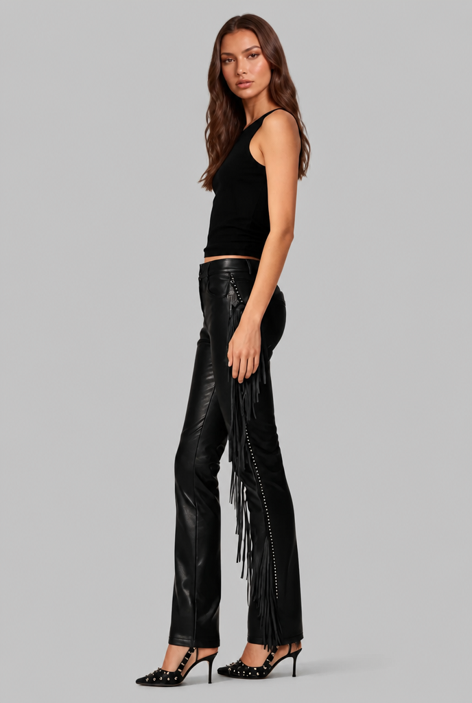 Faux Leather Flare Pants with Fringe Audrey Calvero