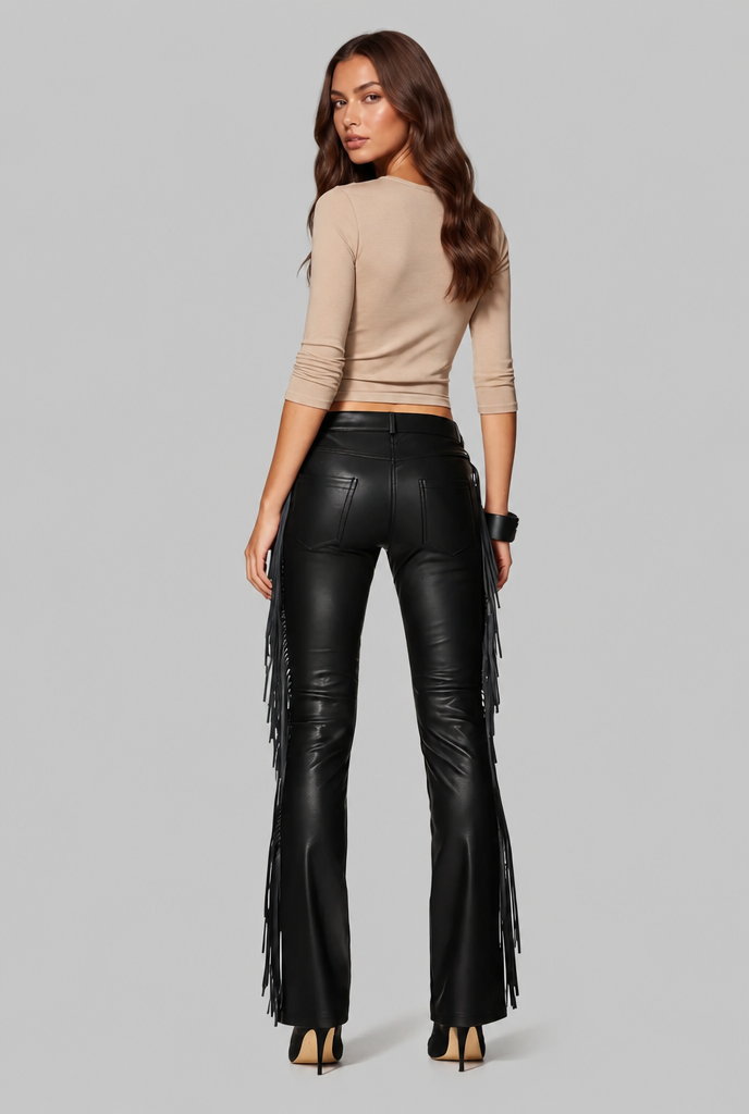 Faux Leather Flare Pants with Fringe Audrey Calvero