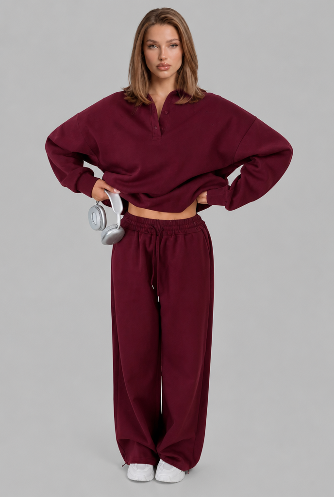 Oversized Henley & Wide Leg Jogger Lounge Set Audrey Calvero