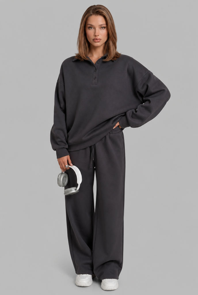 Oversized Henley & Wide Leg Jogger Lounge Set Audrey Calvero