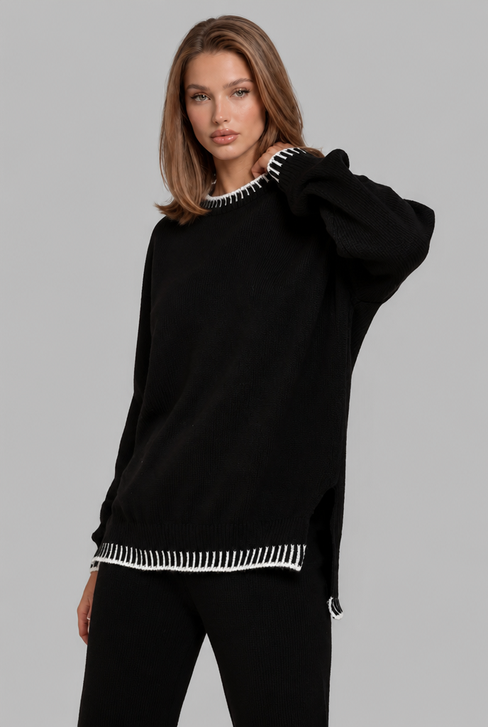 Oversized Knitted Co-Ord with Contrast Whipstitch Trim Audrey Calvero