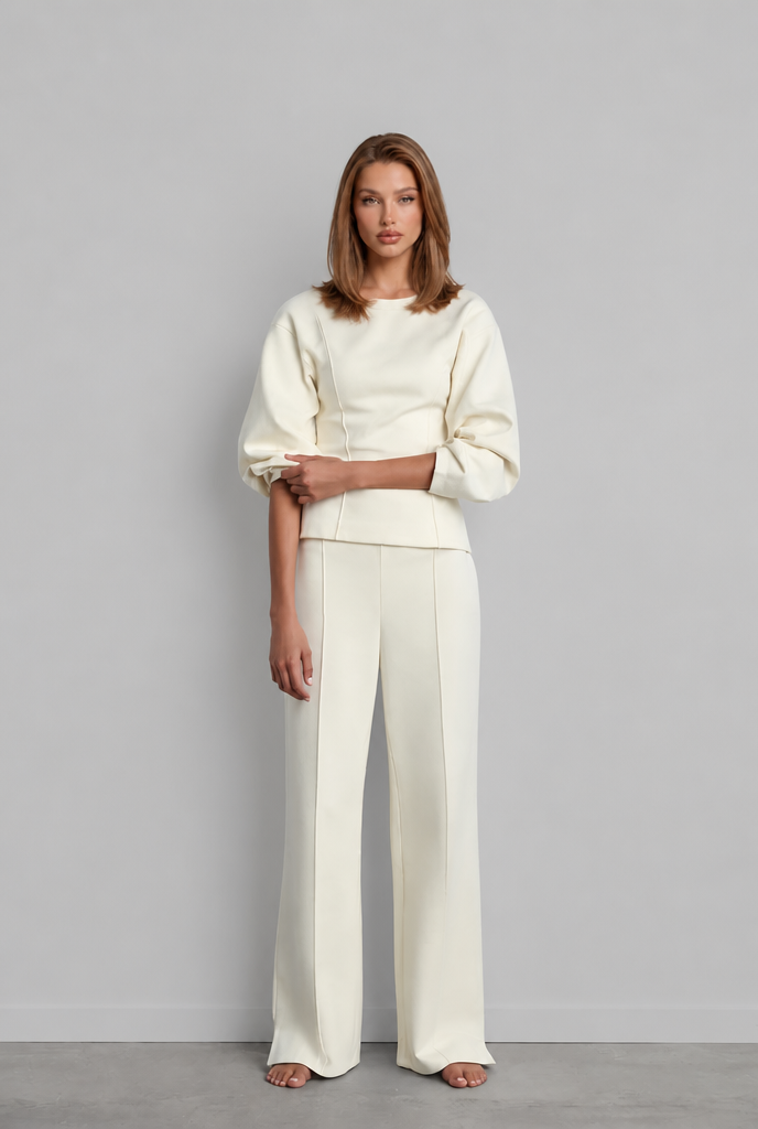 Puff Sleeve Top & Wide Leg Trousers Set Audrey Calvero