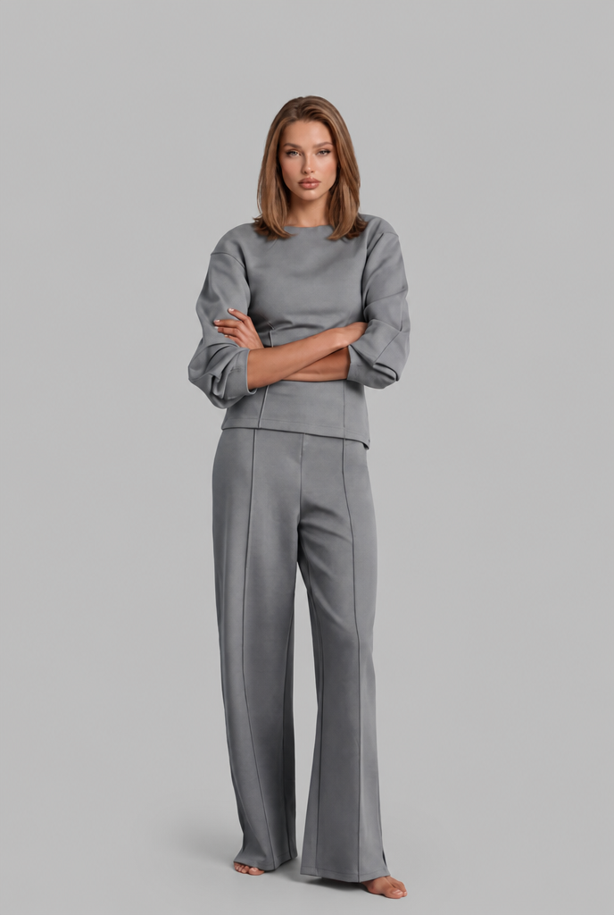 Puff Sleeve Top & Wide Leg Trousers Set Audrey Calvero