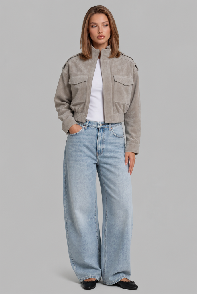 Cropped Suede Bomber Jacket Audrey Calvero