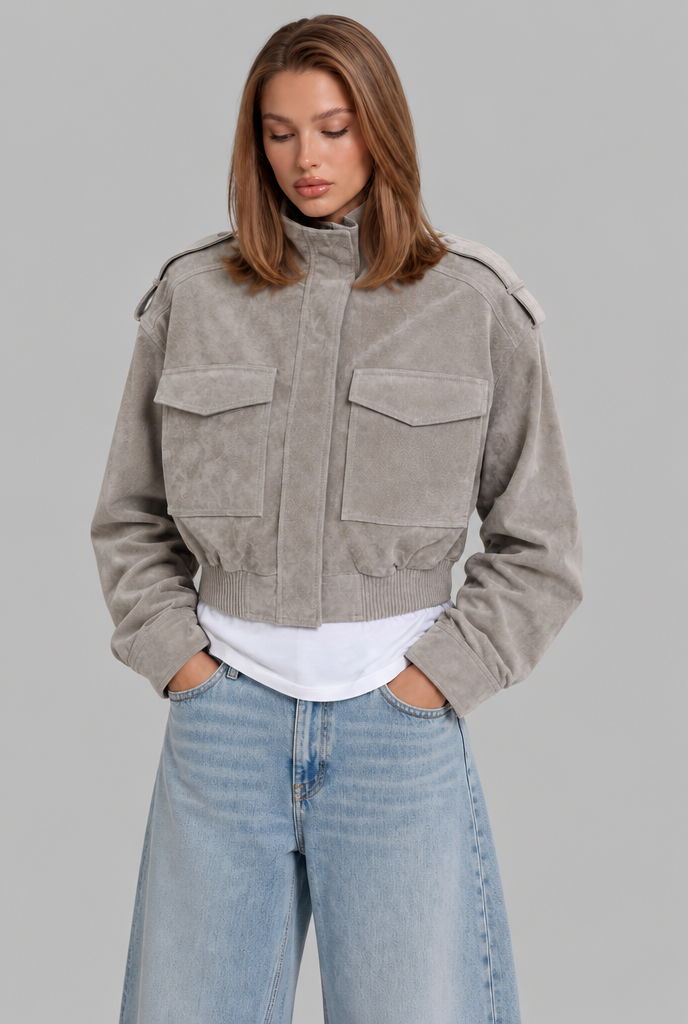 Cropped Suede Bomber Jacket Audrey Calvero