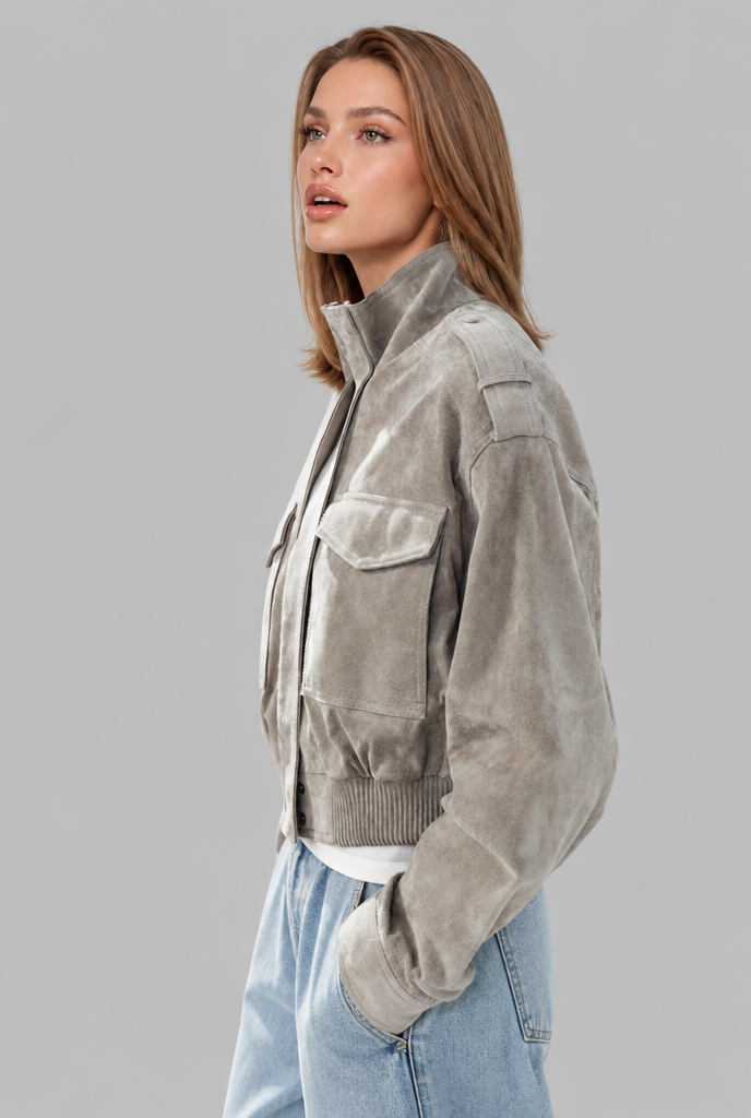 Cropped Suede Bomber Jacket Audrey Calvero