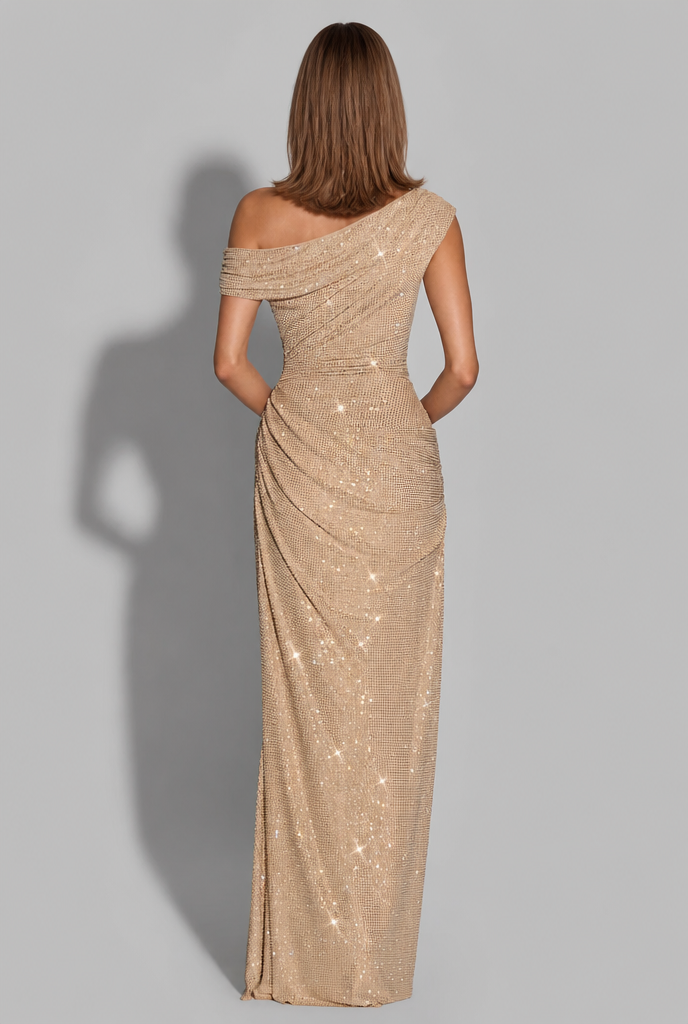 One Shoulder Embellished Party Dress with Ruched Waist Audrey Calvero