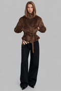 Belted Suede Jacket with High Stand Collar Audrey Calvero