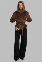 Belted Suede Jacket with High Stand Collar Audrey Calvero