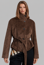 Belted Suede Jacket with High Stand Collar Audrey Calvero