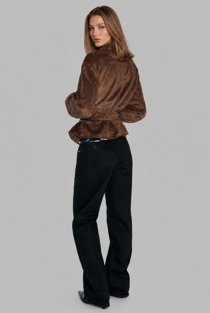 Belted Suede Jacket with High Stand Collar Audrey Calvero
