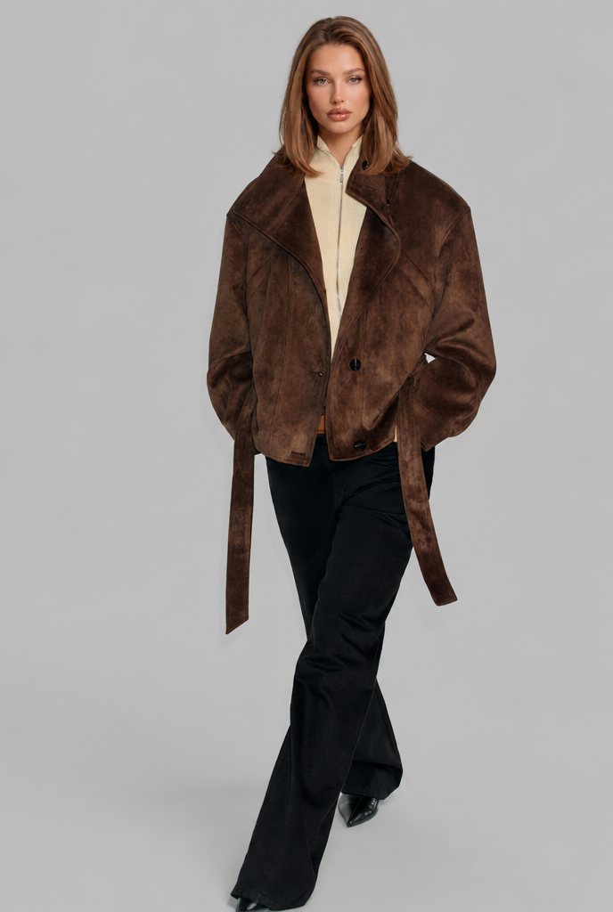 Belted Suede Jacket with High Stand Collar Audrey Calvero