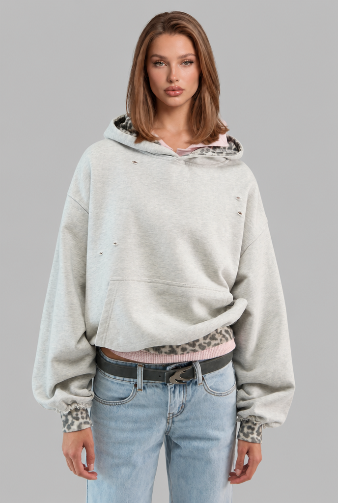 Distressed Leopard Trim Hoodie Audrey Calvero