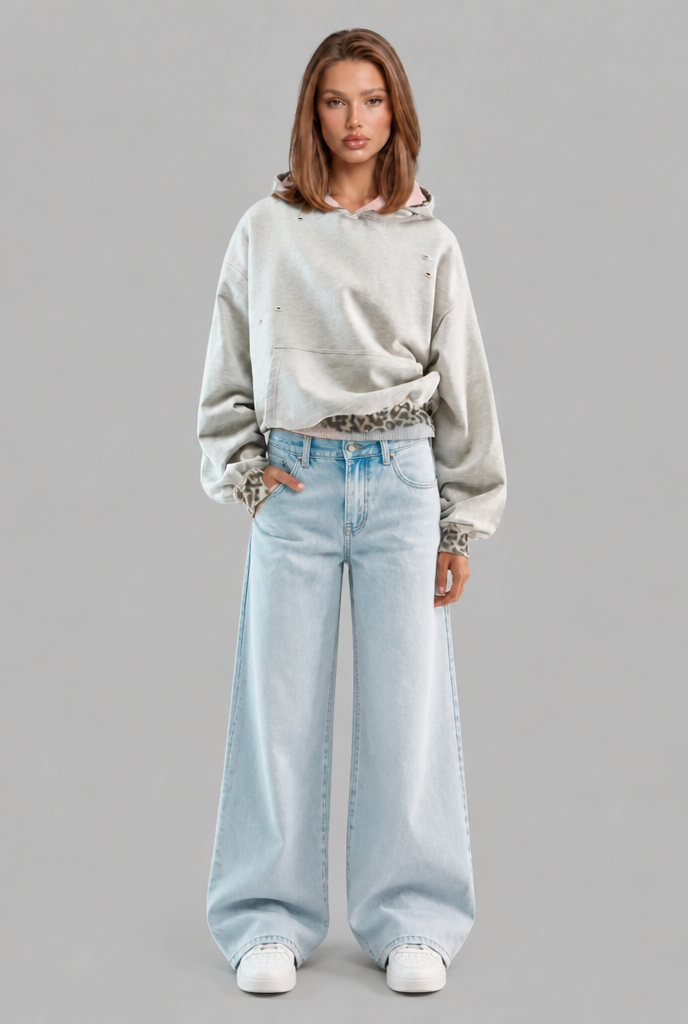 Distressed Leopard Trim Hoodie Audrey Calvero