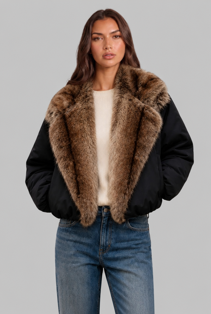 Faux Fur Collar Bomber Jacket Audrey Calvero