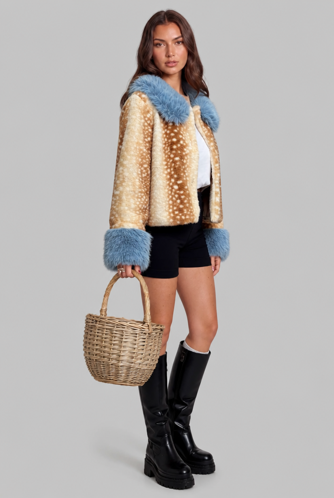 Cropped Faux Fur Jacket with Contrast Trim Audrey Calvero
