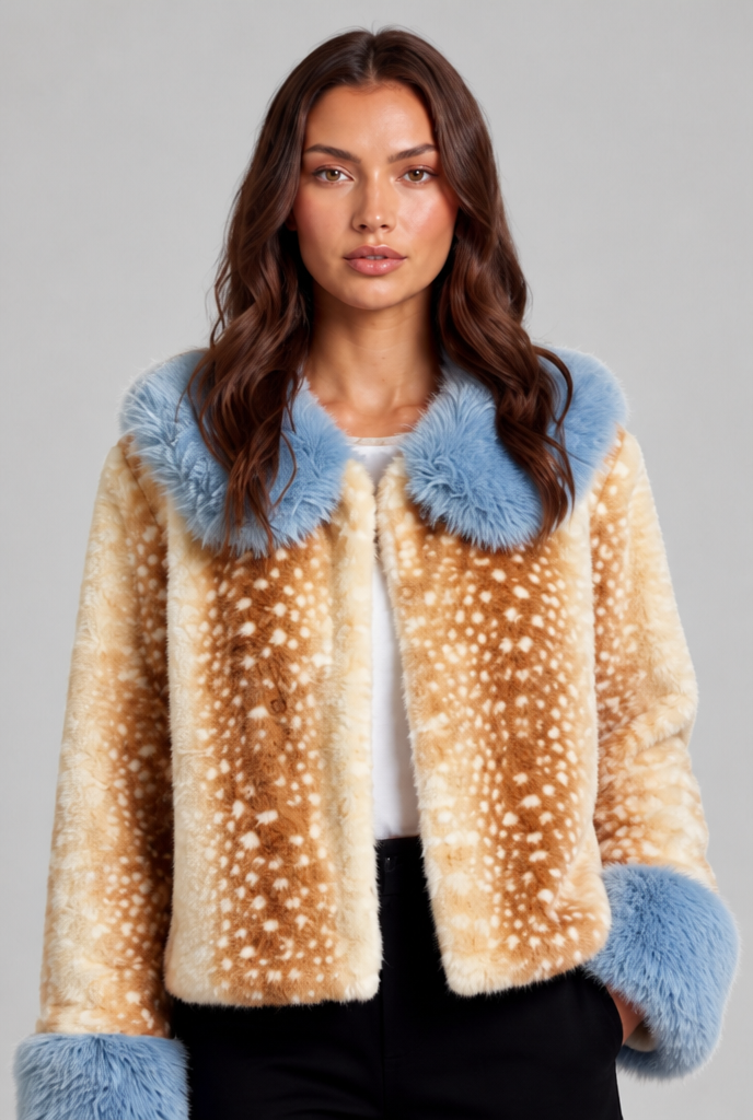 Cropped Faux Fur Jacket with Contrast Trim Audrey Calvero