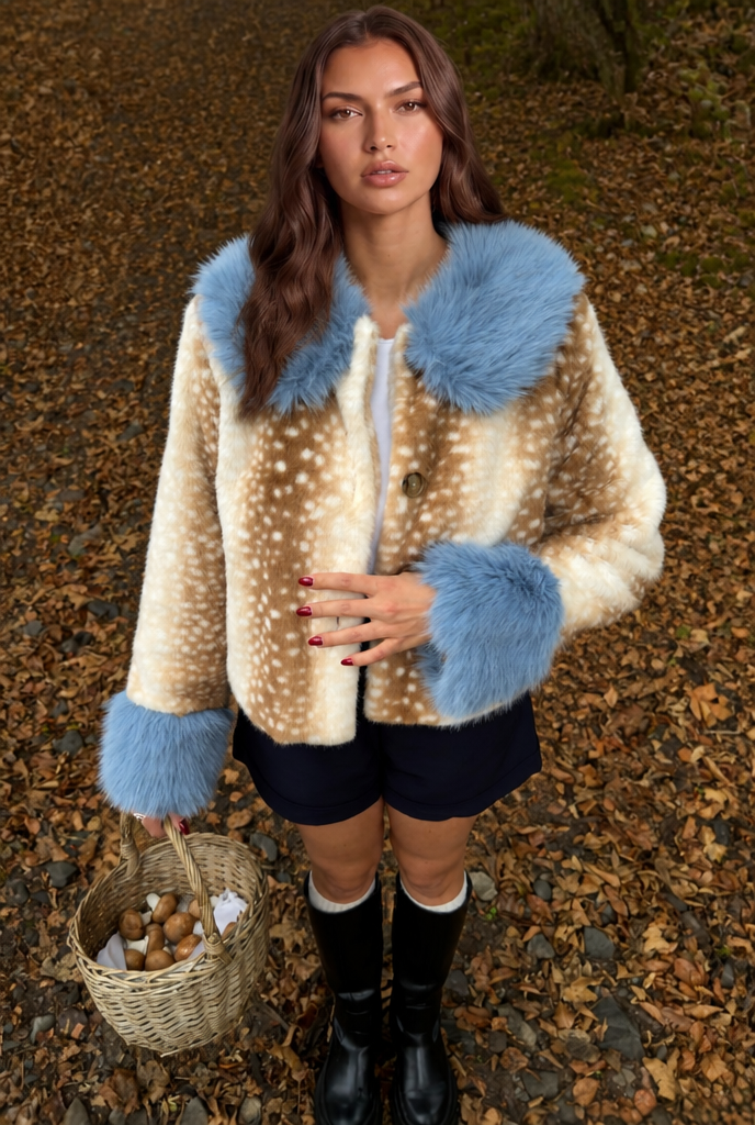 Cropped Faux Fur Jacket with Contrast Trim Audrey Calvero