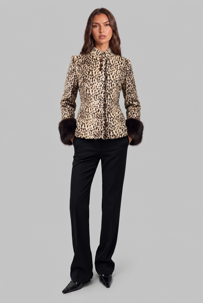 Leopard Print Jacket with Fur Cuffs Audrey Calvero