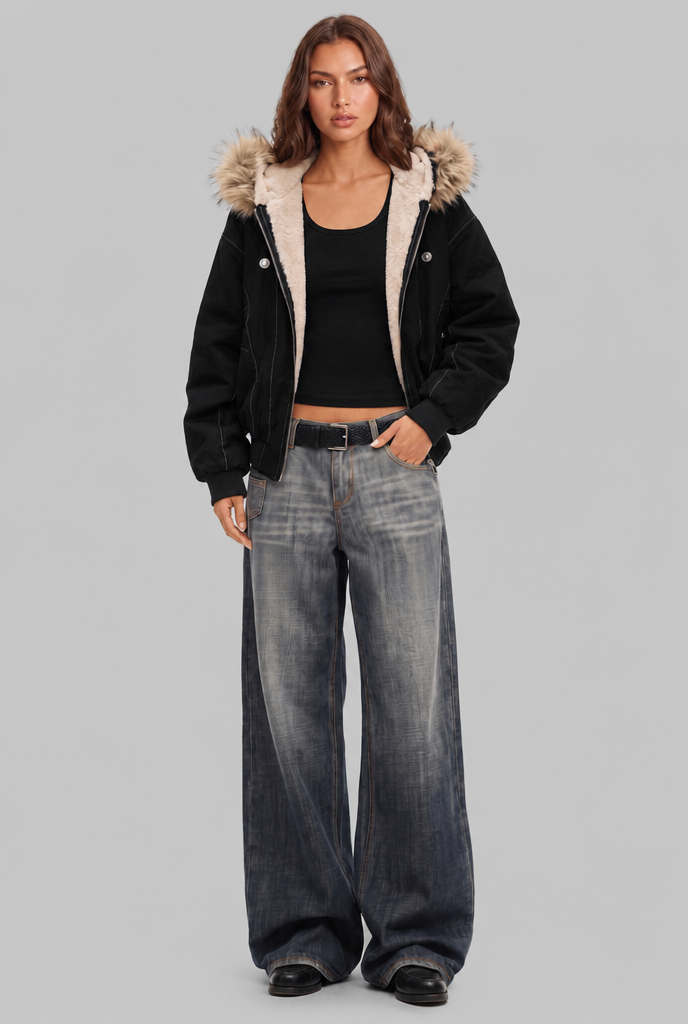 Fur Lined Hooded Bomber Jacket Audrey Calvero
