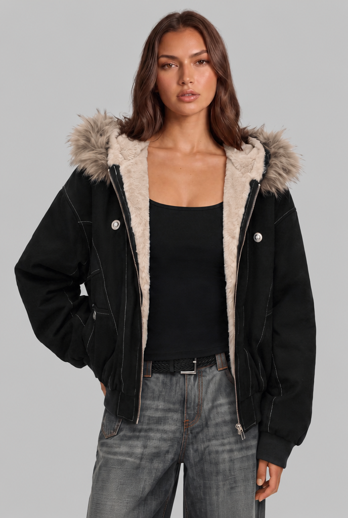 Fur Lined Hooded Bomber Jacket Audrey Calvero