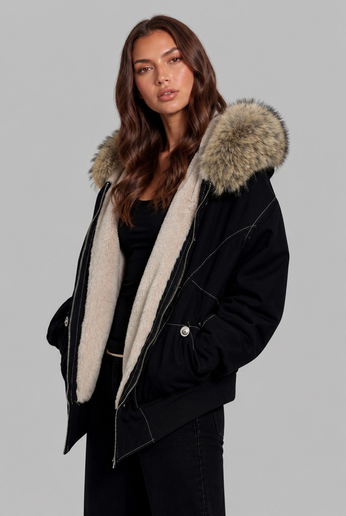 Fur Lined Hooded Bomber Jacket Audrey Calvero