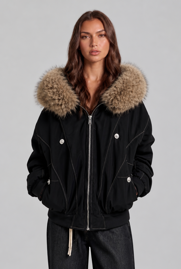 Fur Lined Hooded Bomber Jacket Audrey Calvero