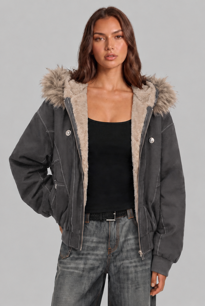 Fur Lined Hooded Bomber Jacket Audrey Calvero