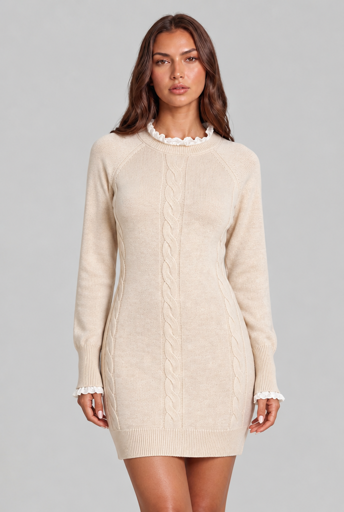 Cable Knit Lace Trim Mini Dress Audrey Calvero