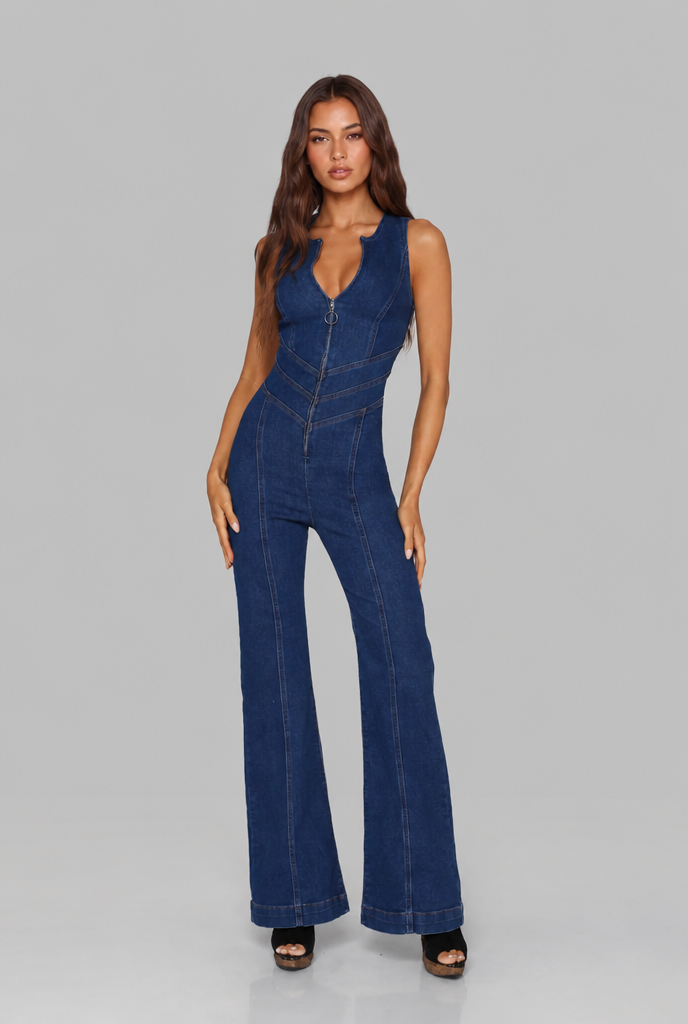 Flared Denim Jumpsuit With Heart Back-Detail Audrey Calvero