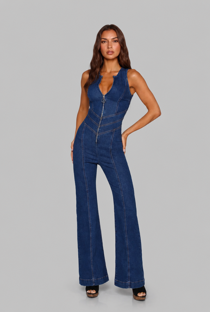 Flared Denim Jumpsuit With Heart Back-Detail Audrey Calvero