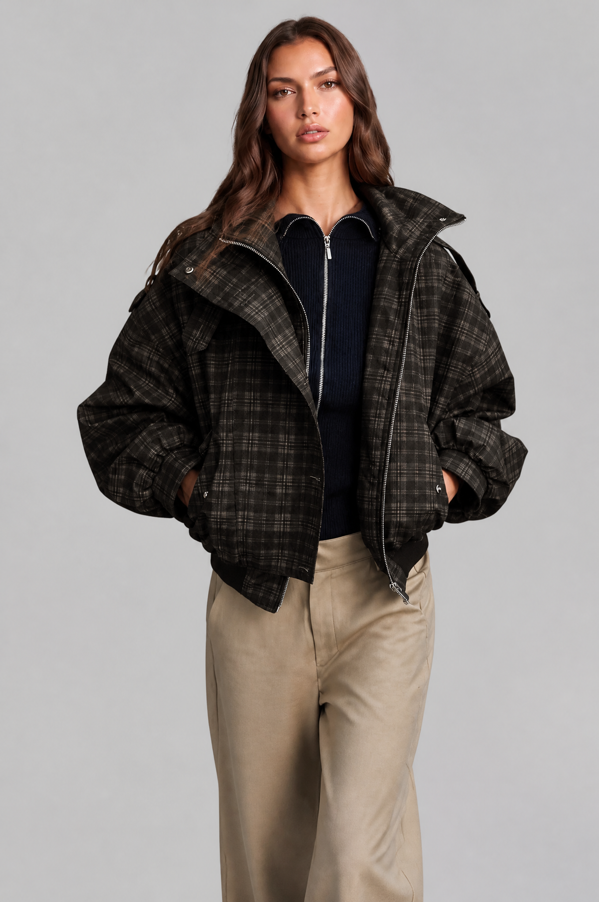 Check Oversized Bomber Jacket Audrey Calvero