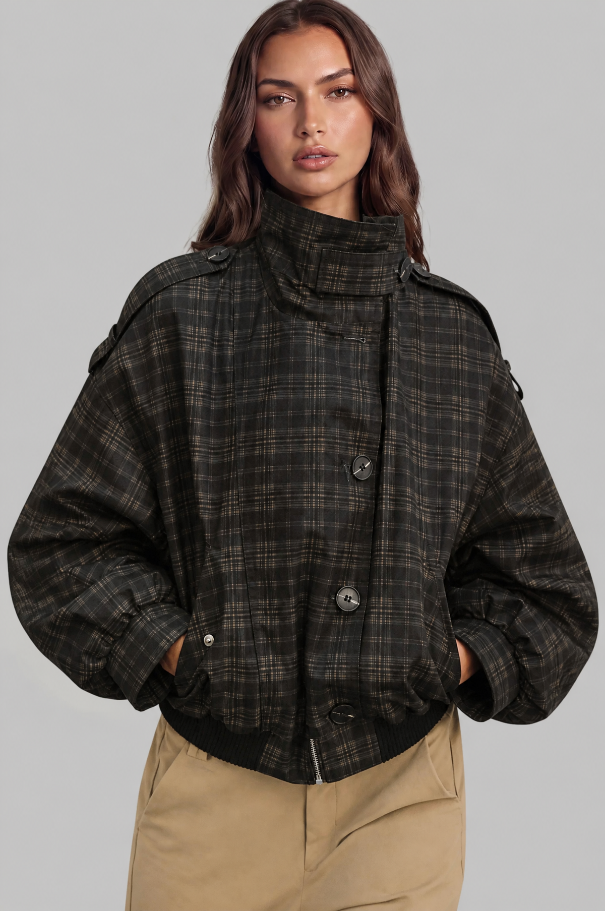 Check Oversized Bomber Jacket Audrey Calvero