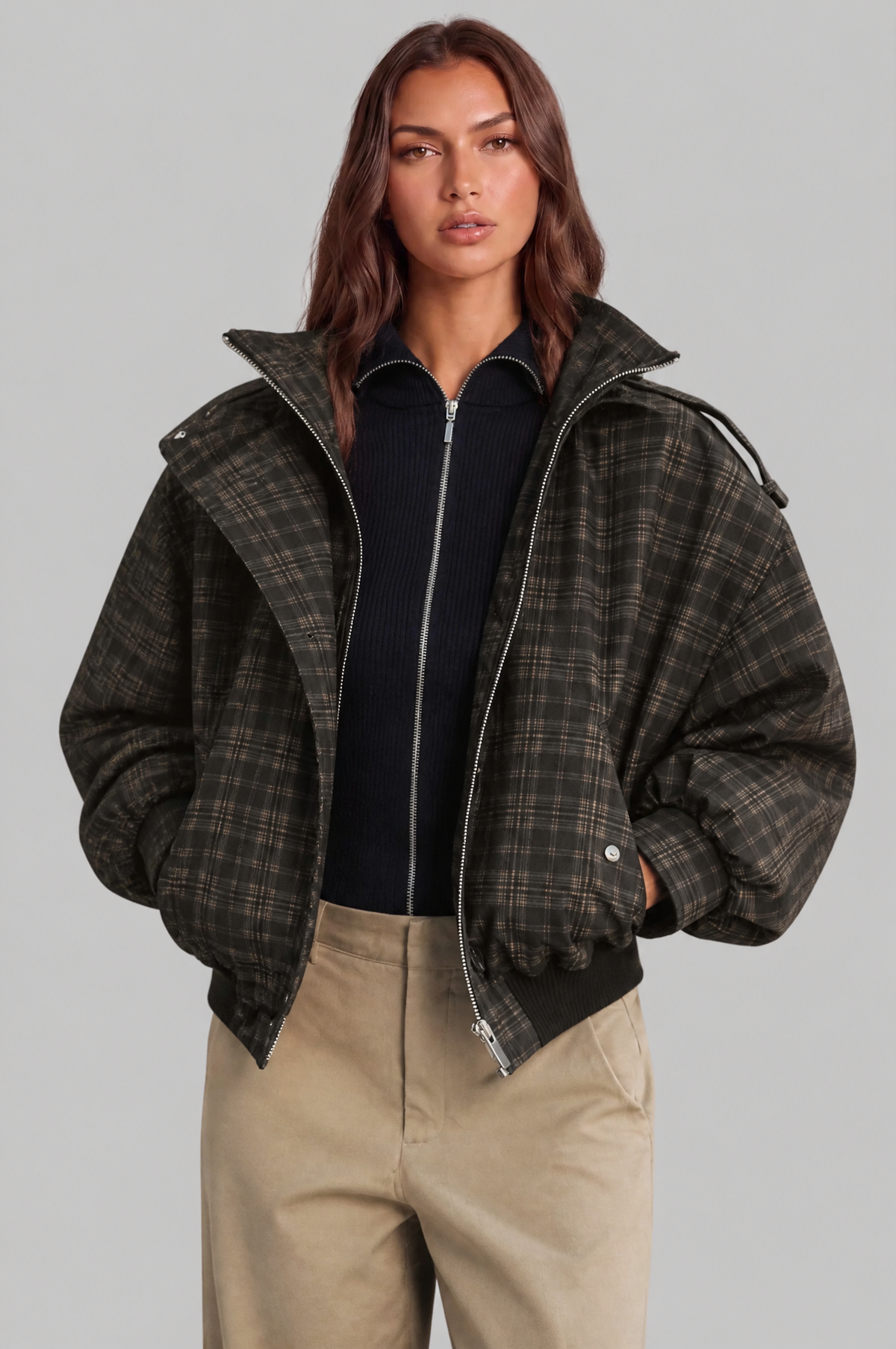 Check Oversized Bomber Jacket Audrey Calvero