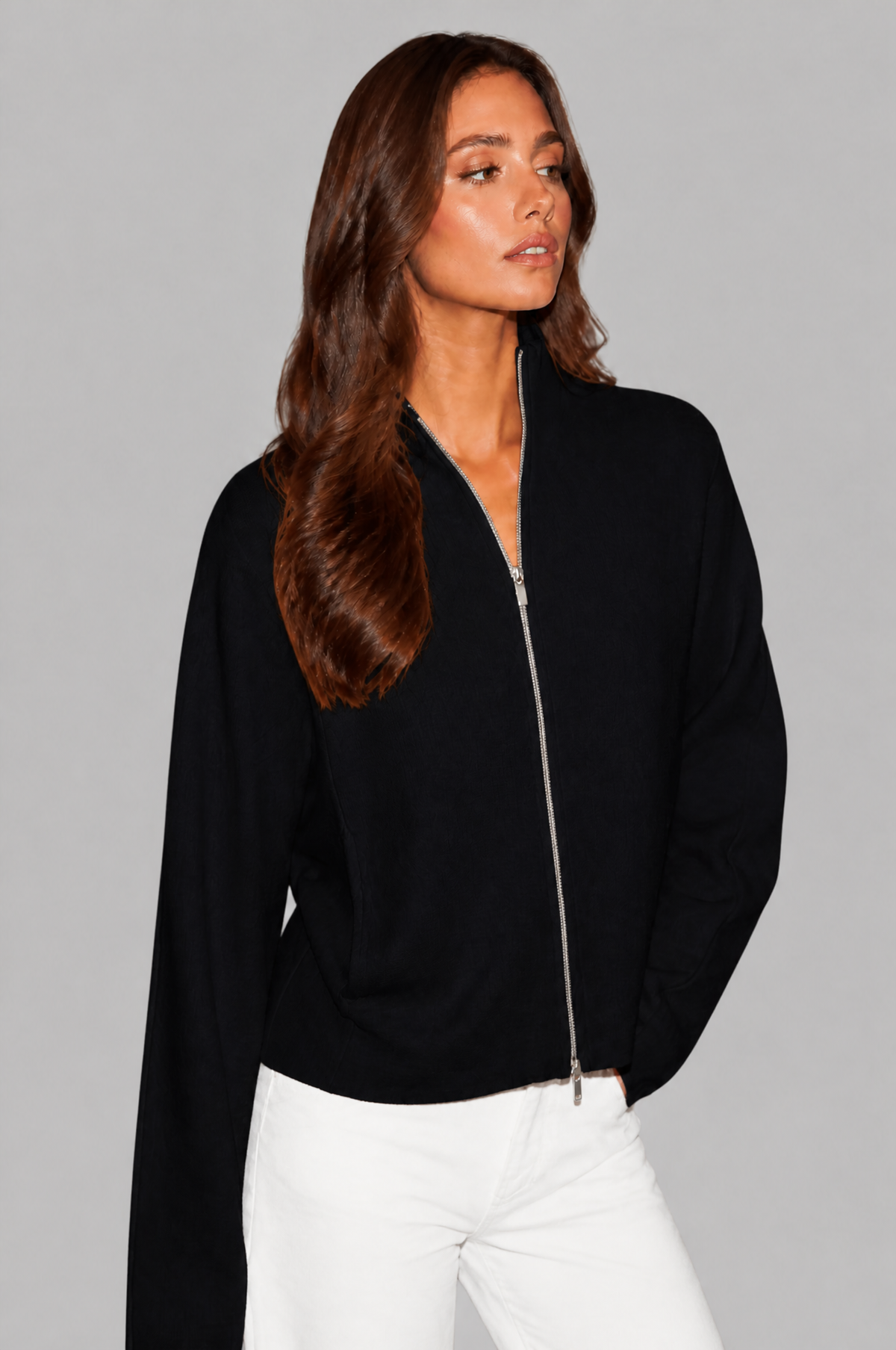 Zip Through Knit Cardigan with Funnel Neck Audrey Calvero