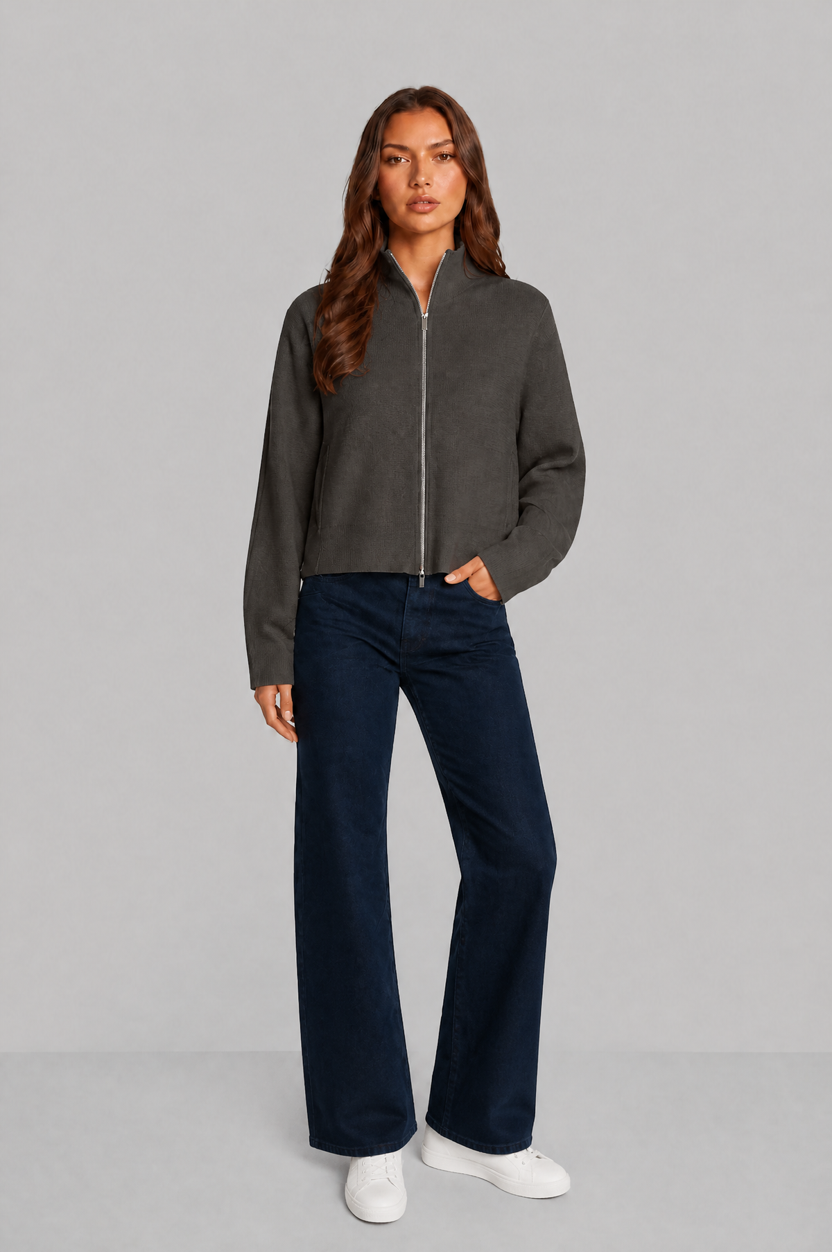 Zip Through Knit Cardigan with Funnel Neck Audrey Calvero