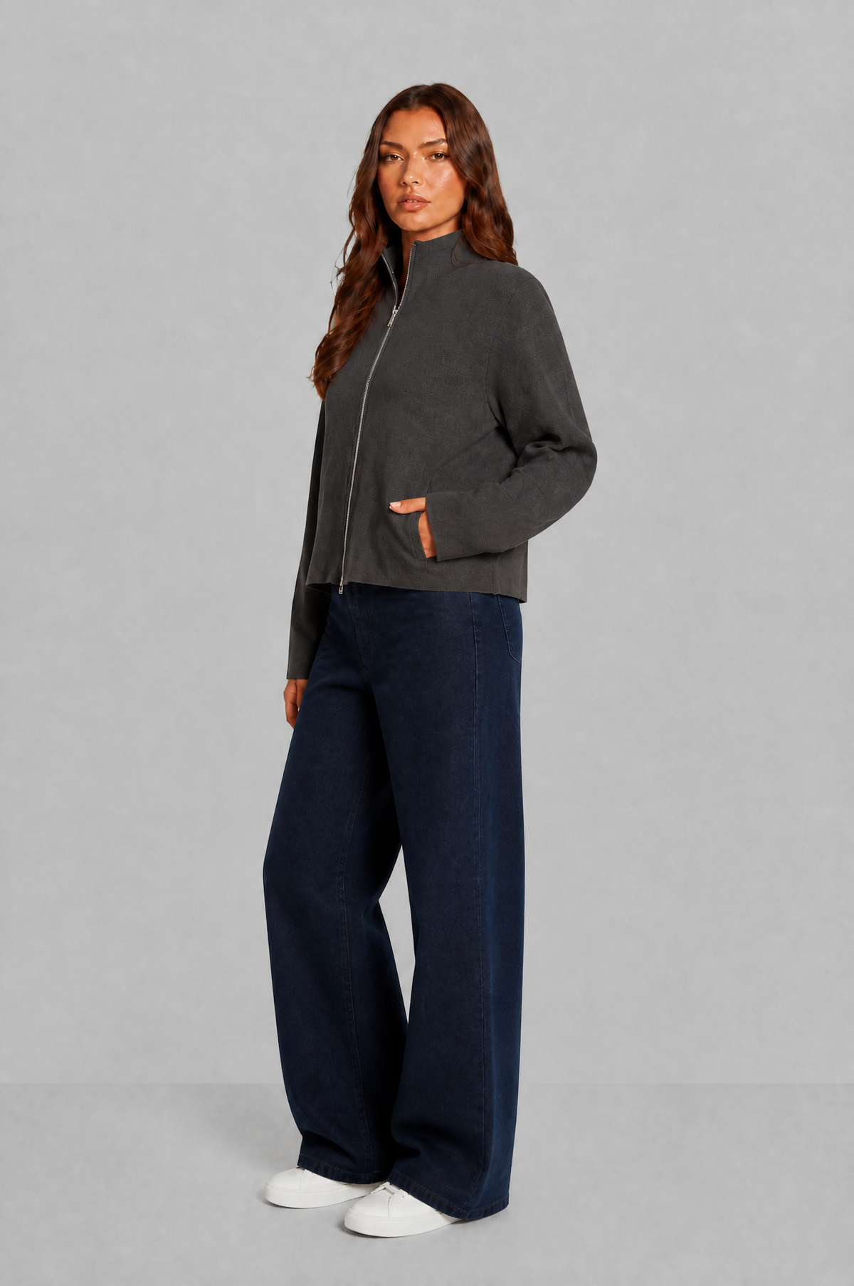 Zip Through Knit Cardigan with Funnel Neck Audrey Calvero