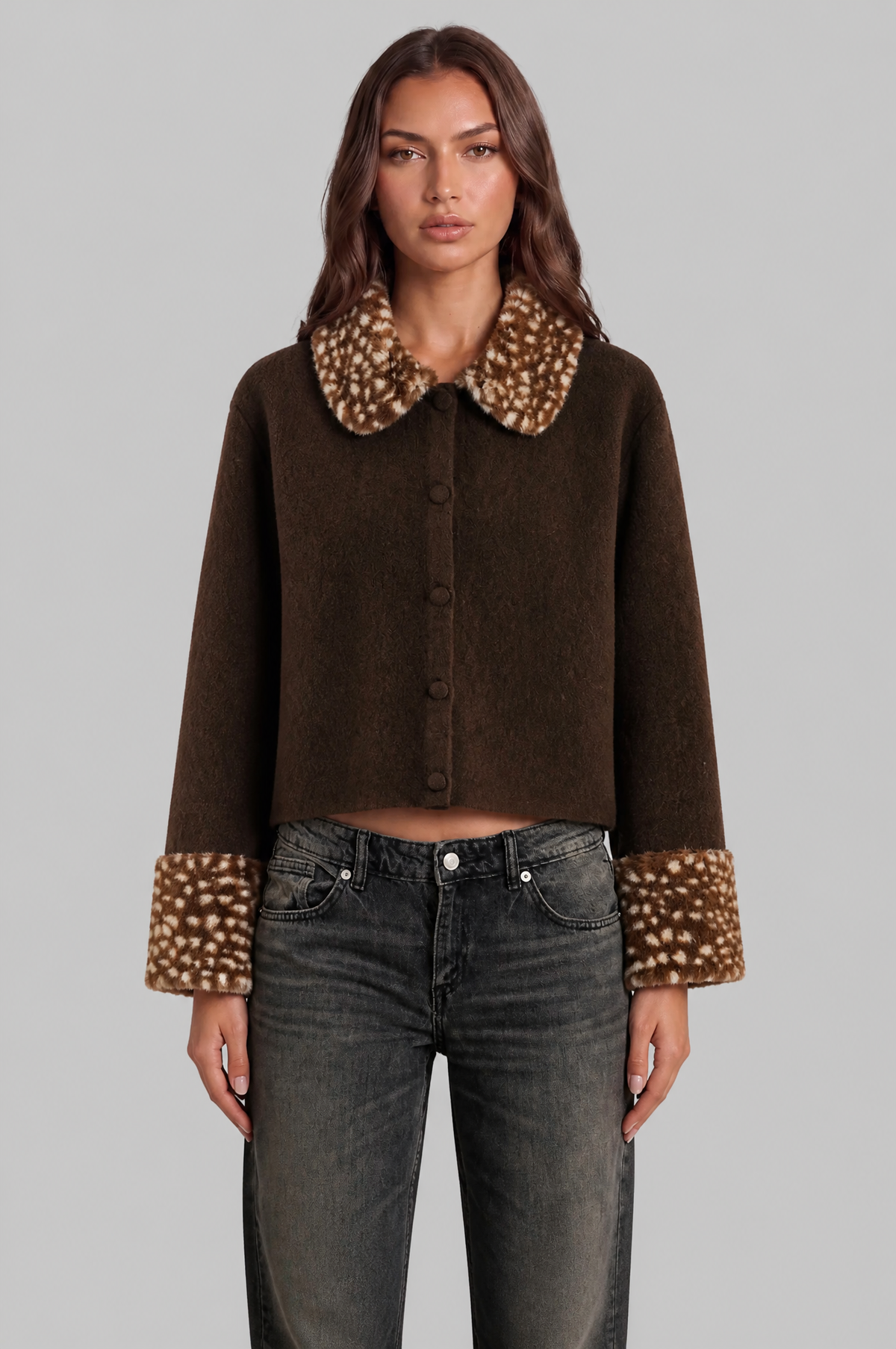 Cropped Cardigan with Faux Fur Collar and Cuffs Audrey Calvero