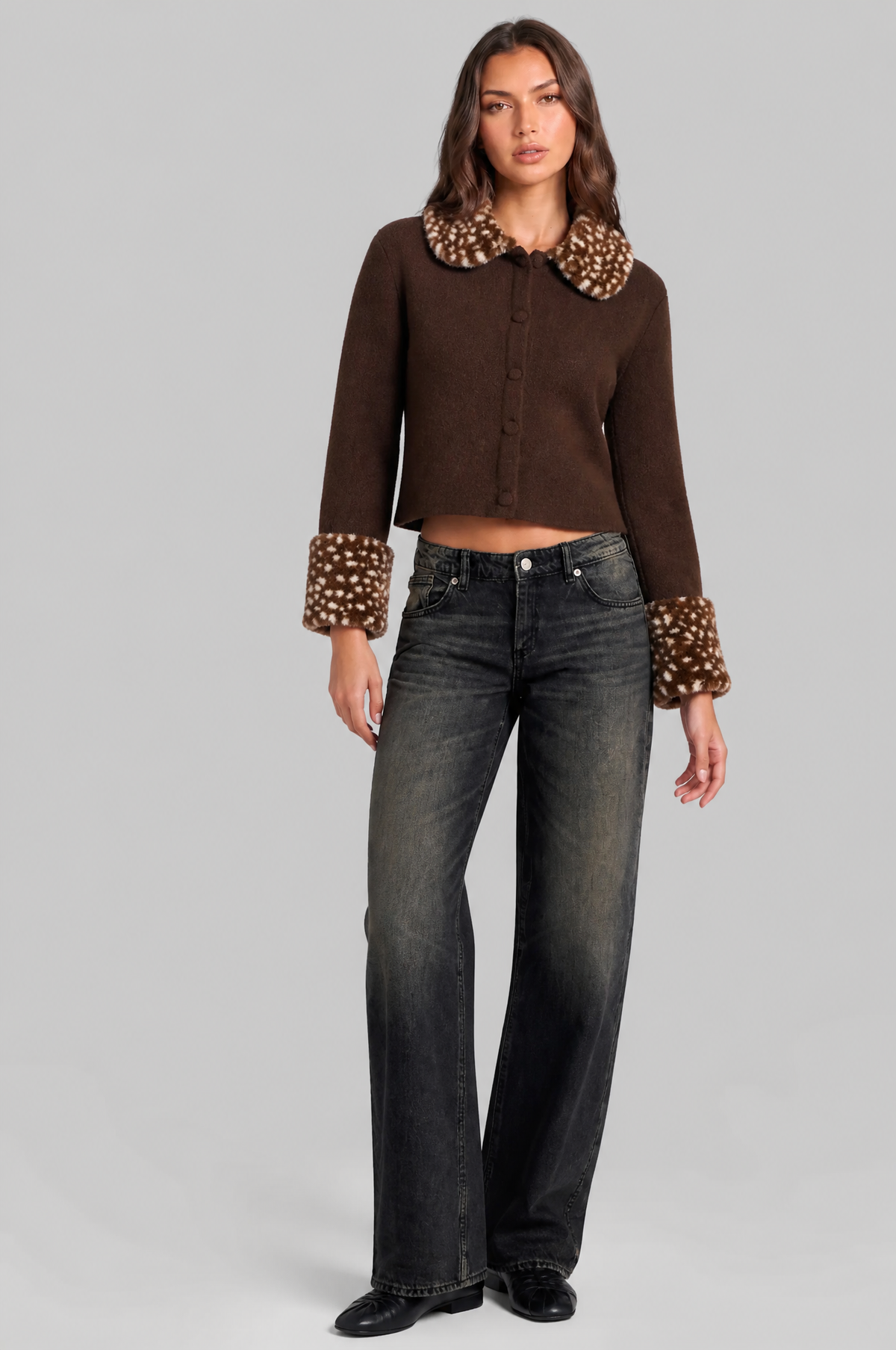 Cropped Cardigan with Faux Fur Collar and Cuffs Audrey Calvero