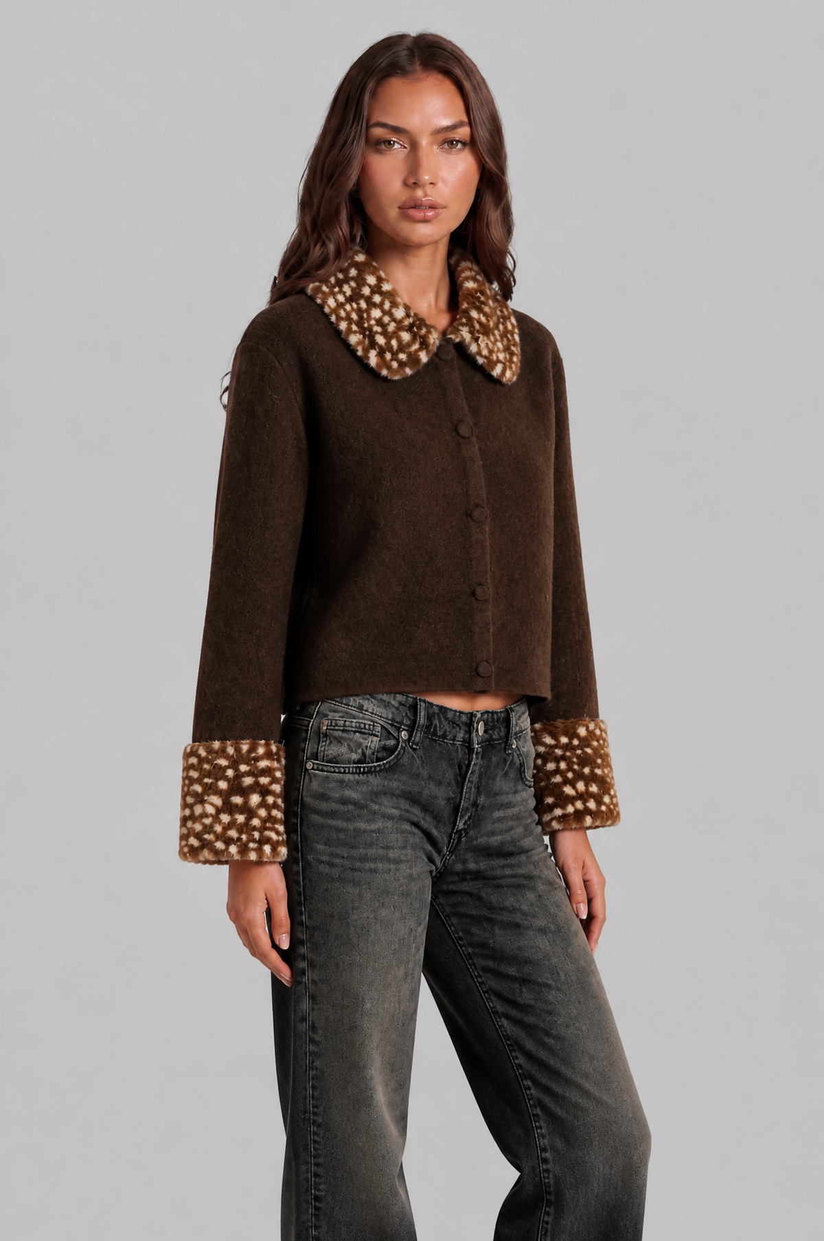 Cropped Cardigan with Faux Fur Collar and Cuffs Audrey Calvero
