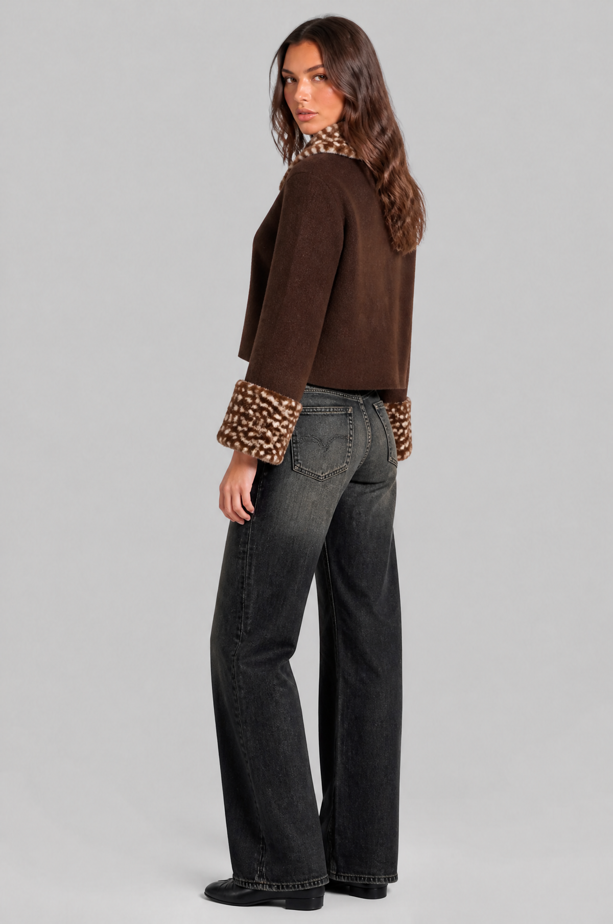 Cropped Cardigan with Faux Fur Collar and Cuffs Audrey Calvero
