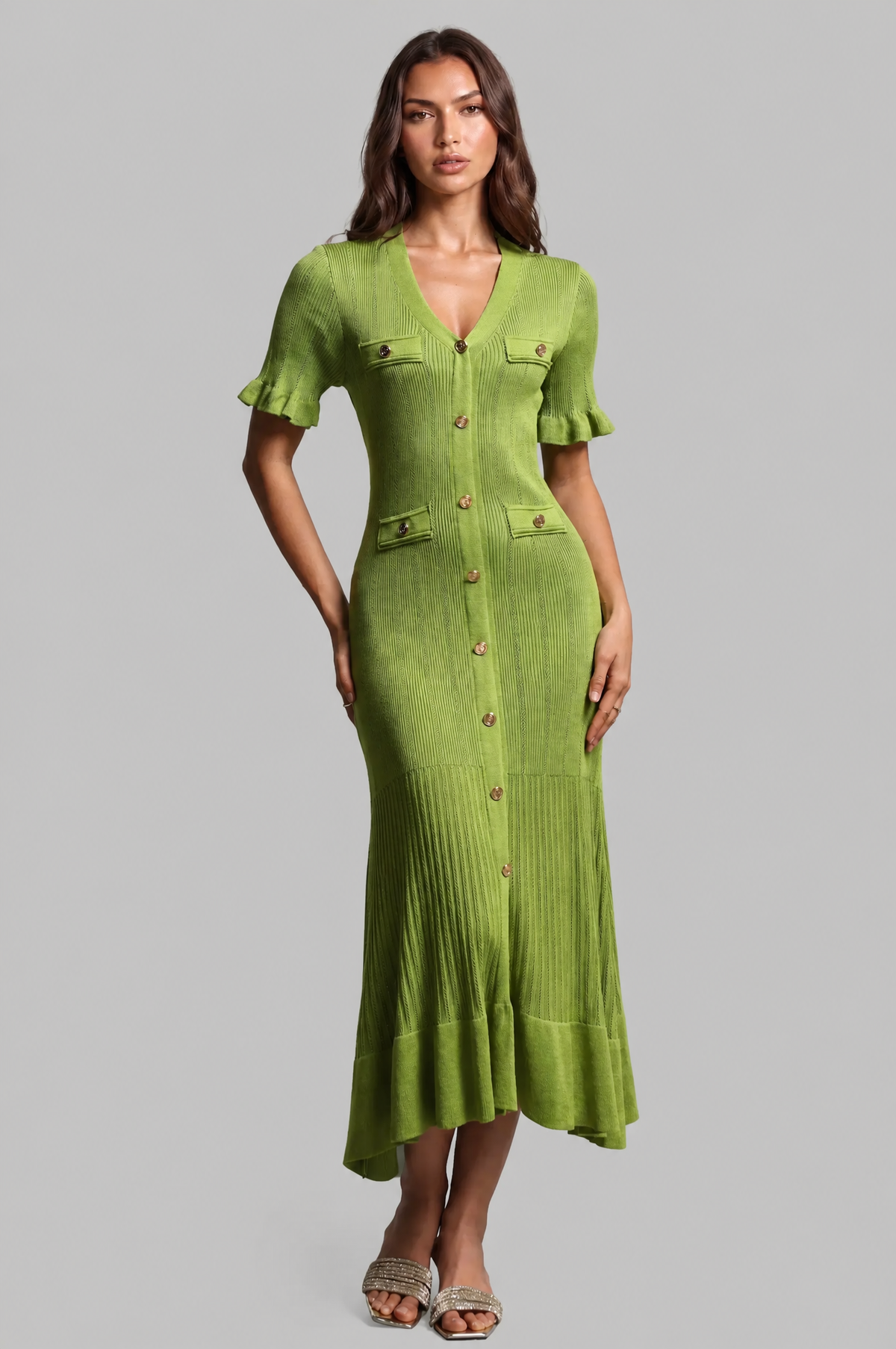 Ribbed Knit Midi Dress with Gold Buttons Audrey Calvero