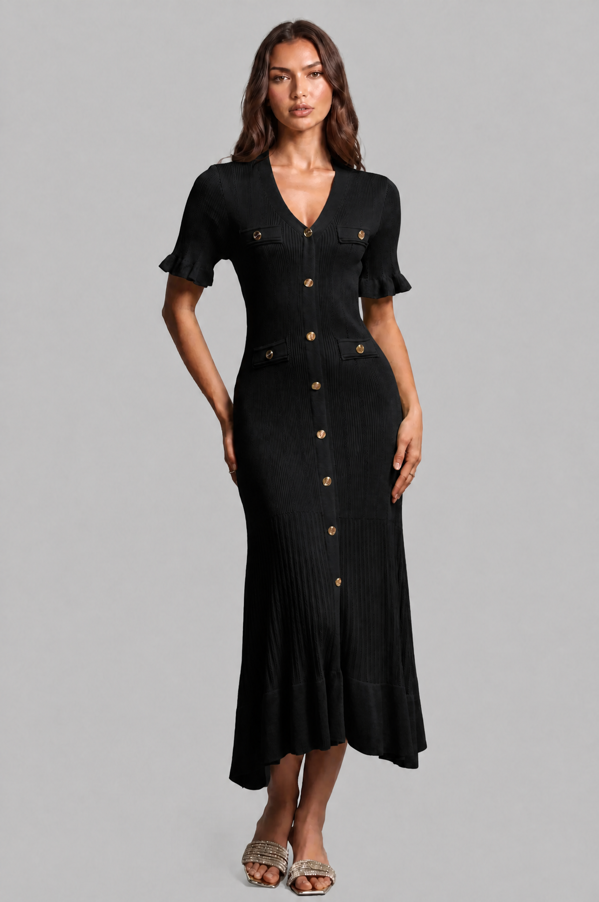 Ribbed Knit Midi Dress with Gold Buttons Audrey Calvero